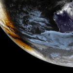 Antarctica solar eclipse - Satellite view of moon's shadow during solar eclipse over white Antarctic landscape