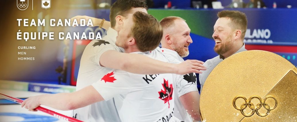 Canada curling gold - Canadian men's curling team celebrating with gold medals