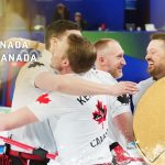 Canada curling gold - Canadian men's curling team celebrating with gold medals