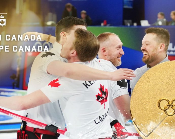 Canada curling gold - Canadian men's curling team celebrating with gold medals