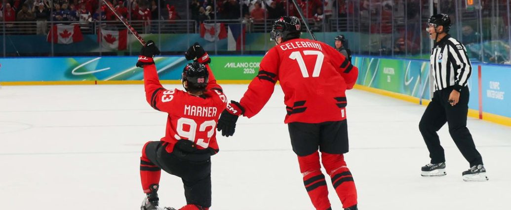 Marner overtime goal Canada - Mitch Marner celebrating after scoring the overtime winning goal for Team Canada at the Olympics
