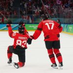 Marner overtime goal Canada - Mitch Marner celebrating after scoring the overtime winning goal for Team Canada at the Olympics