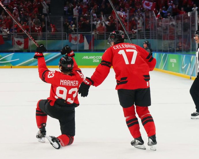 Marner overtime goal Canada - Mitch Marner celebrating after scoring the overtime winning goal for Team Canada at the Olympics