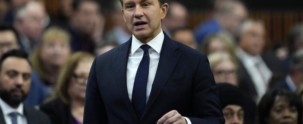 Poilievre Carney cooperation - Conservative leader Pierre Poilievre speaking at a podium during a political event
