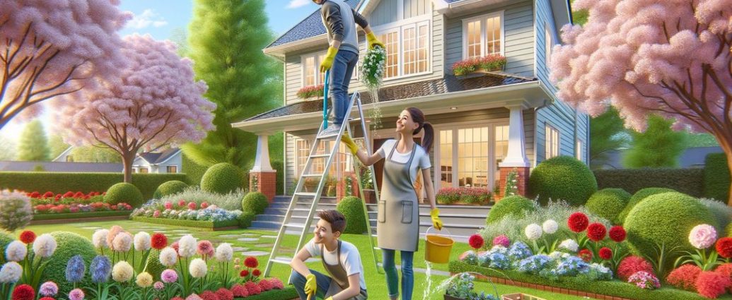 spring home maintenance - Homeowner performing spring maintenance tasks on house exterior