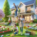 spring home maintenance - Homeowner performing spring maintenance tasks on house exterior