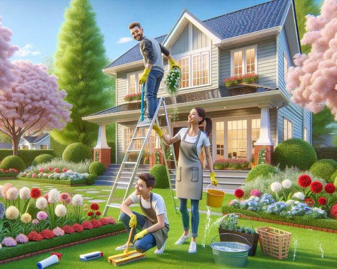 spring home maintenance - Homeowner performing spring maintenance tasks on house exterior