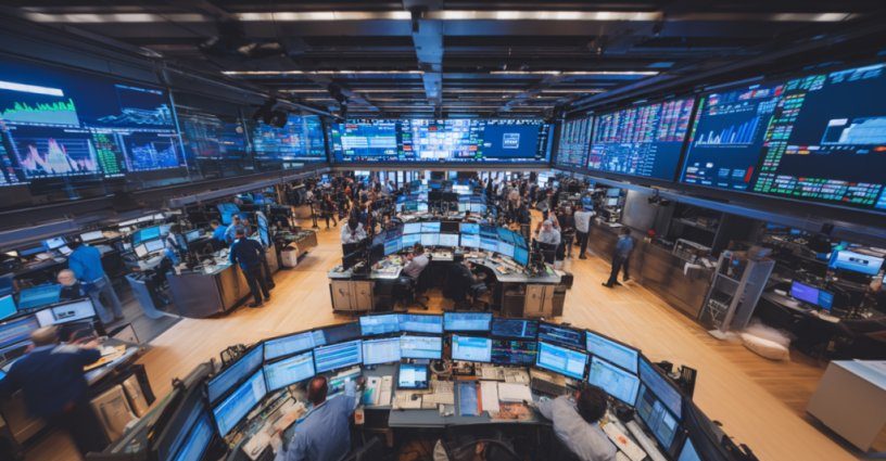 tech stocks rally - Stock market trading screens showing green numbers and upward trending charts