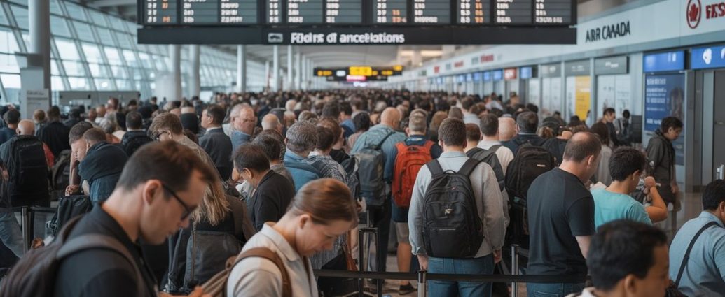 Toronto Pearson flight delays - Passengers waiting in crowded airport terminal during flight delays