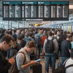 Toronto Pearson flight delays - Passengers waiting in crowded airport terminal during flight delays