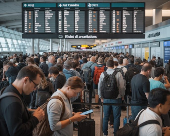 Toronto Pearson flight delays - Passengers waiting in crowded airport terminal during flight delays