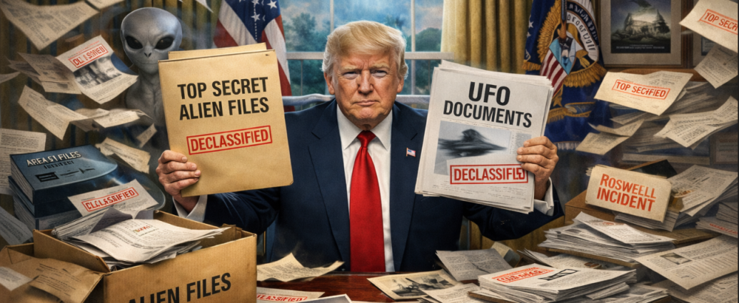 Illustration of Trump holding declassified UFO and alien files in the Oval Office