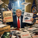 Illustration of Trump holding declassified UFO and alien files in the Oval Office