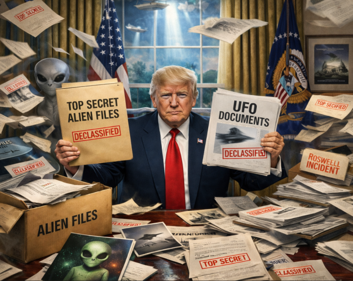 Illustration of Trump holding declassified UFO and alien files in the Oval Office