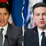 CUSMA trade deal - Conservative leader Pierre Poilievre speaking at a podium about trade policy