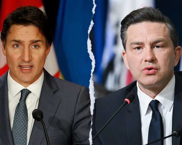 CUSMA trade deal - Conservative leader Pierre Poilievre speaking at a podium about trade policy