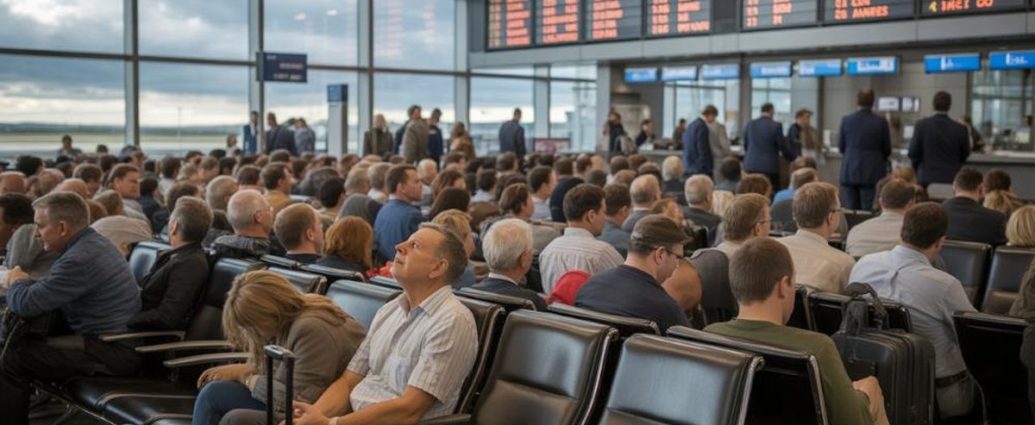 flight cancellations Canada - Travelers waiting in airport terminal during flight delays and cancellations