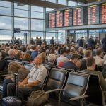flight cancellations Canada - Travelers waiting in airport terminal during flight delays and cancellations