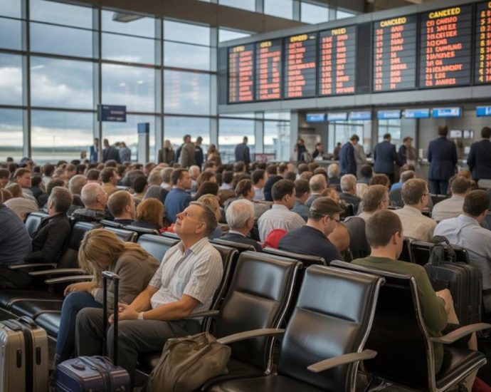 flight cancellations Canada - Travelers waiting in airport terminal during flight delays and cancellations