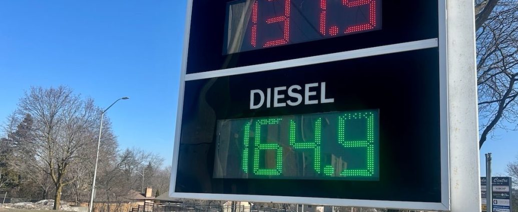 gas prices Canada - Gas station price display showing elevated fuel costs